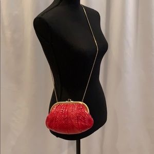 Judith Leiber Red Leather Vintage Clutch with Gold Embellishments